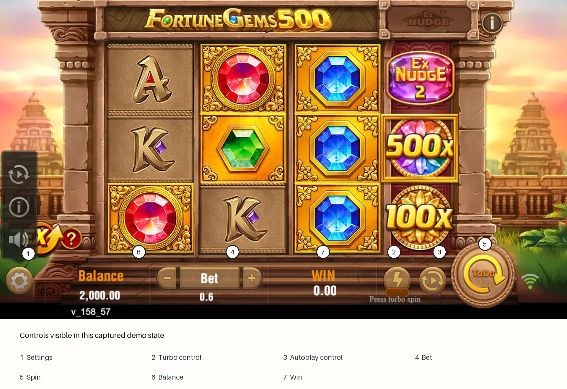 Annotated Fortune Gems 500 demo controls and information fields