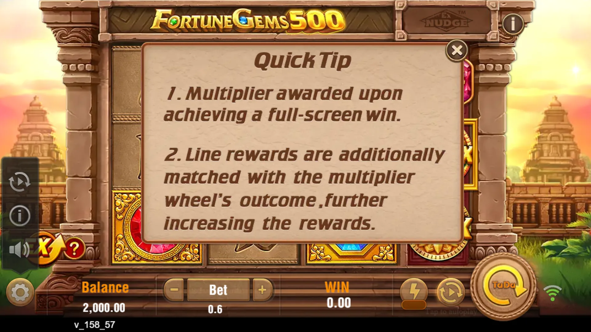 Official Fortune Gems 500 demo showing a quick-tip state before play