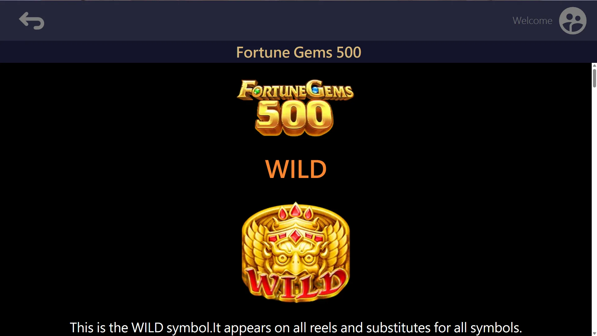 Fortune Gems 500 rule screen stating that Wild appears on all reels and substitutes for all symbols