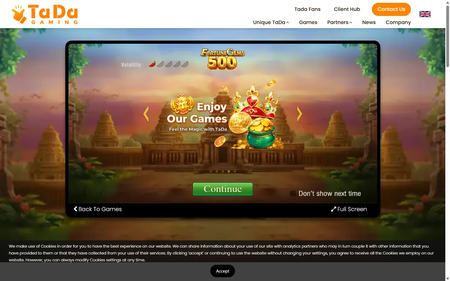 Top of the official TaDa Gaming Fortune Gems 500 product page